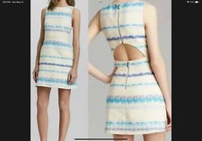 Alice and Olivia Eli Ivory Blue Stripe Tweed Mini Dress 8 Cut-Out Back $298