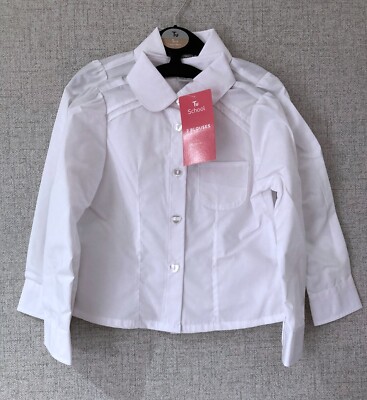 TU Mädchen Alter 3 weiß Schule Bluse Shirts DOPPELPACK Langarm Uniform NEU