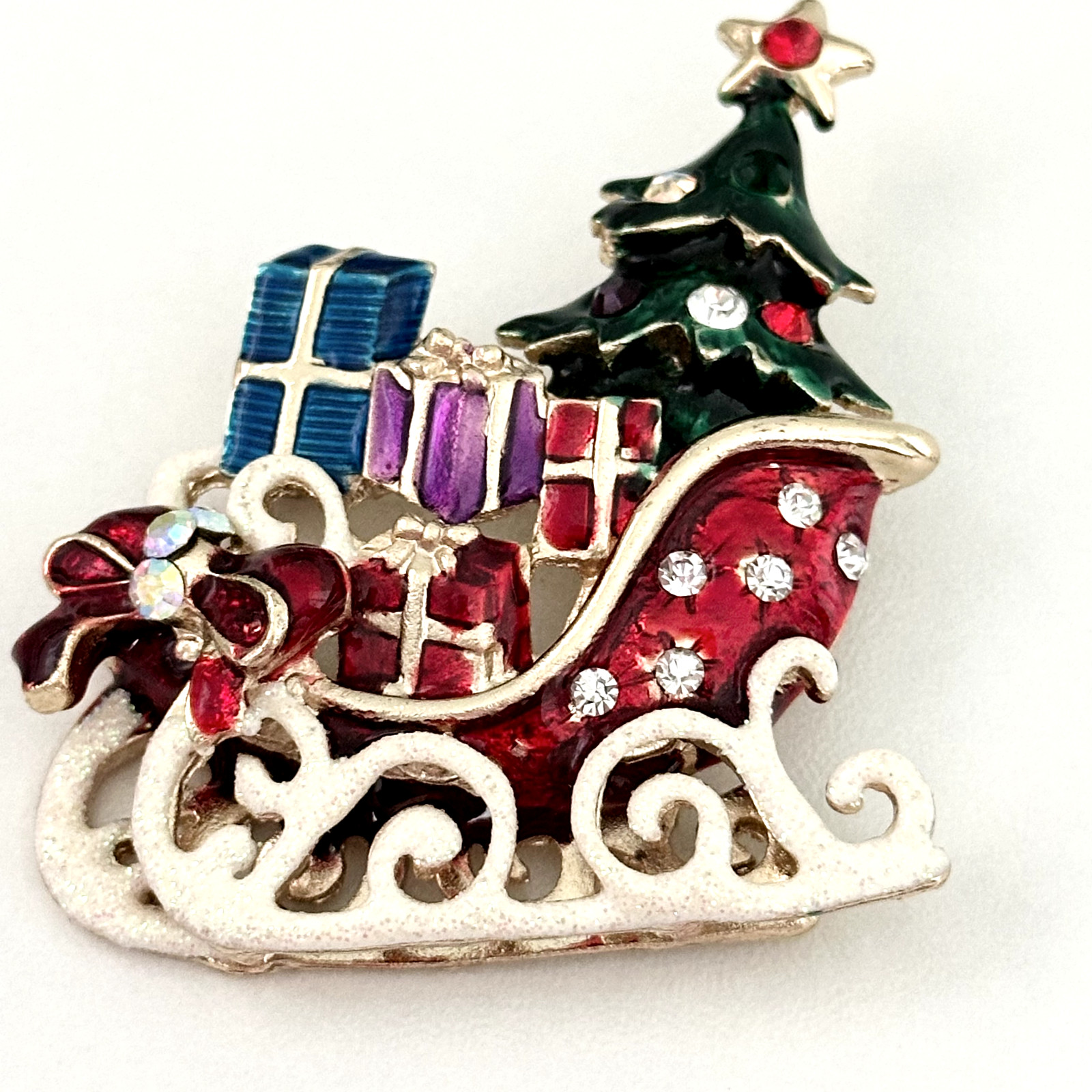 Vintage Christmas Santa Sleigh Sled Enamel Tree Presents Rhinestone Brooch Pin