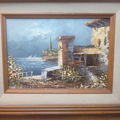 Wall Art Painting Italian Landscape 3d Flowers Wood Frame Signed 12 x 10.5 Inch