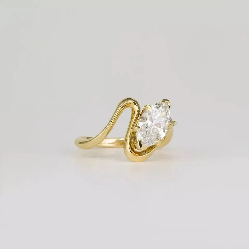 Anillo de compromiso 925 enchapado en oro amarillo de 14 k de moissanita real corte marquesa de 2 quilates 7 8 Foto 2 de 3