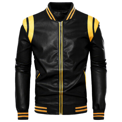 Men s Black Biker Sheepskin Sporty Moto Slim Fit Yellow Stripes Leather Jacket