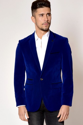 Mens Marc Darcy Designer Blue Velvet Blazer Vintage Style Jacket - Afbeelding 1 van 14