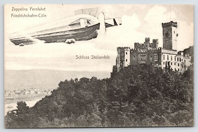 #ad Koblenz Rhineland DE Closeup of Zeppelin Over Stolzenfels Schloss Castle 1910 PC $10.00