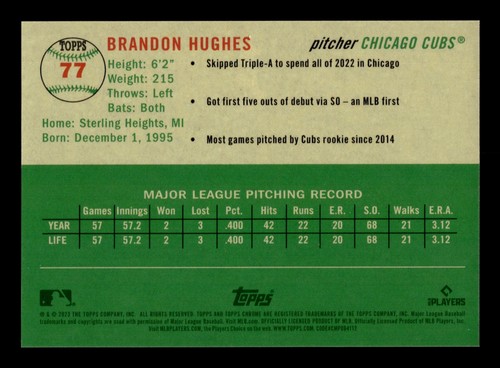 Topps 2023 cromo platino Brandon Hughes Topps refractor 485/499 cubos RC #77 - Imagen 2 de 2