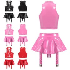 US Womens Outfit Lace-Up Clubwear 2-pieces Leather Set Flared Skirt Hollow Out