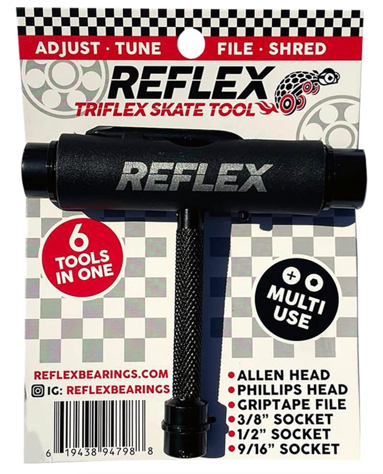 Reflex Bearings Triflex Skate Tool for Skateboard and Longboard Black