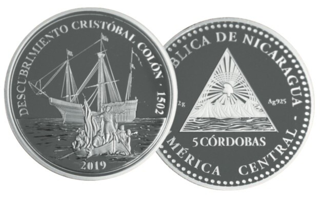 Coins Nicaragua, 5 Córdobas 2019  Descubrimiento Cristóbal Colón Proof Silver