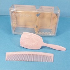 Vintage Baby Brush  Comb Pink Plastic with Flowers in Clear Box