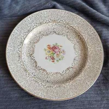 Vintage antique 22kt gold warranted Homer Laughlin 11" plate white floral flower