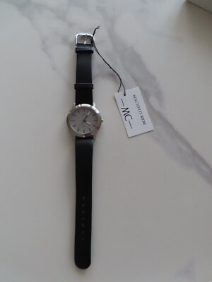 MC Armbanduhr Leder Uhr Damen Herren Quartz schwarz silber analog NEU