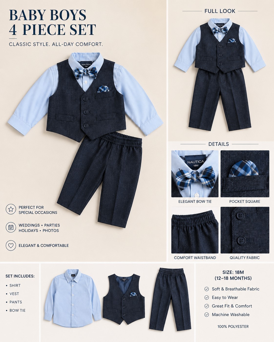 Nautica Boys 18M 4pc Outfit Set Shirt Vest Pants Bow Tie Blue Plaid