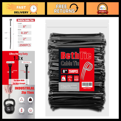 2500 Black 8'' Zip Ties, 65 LBS Tensile Strength, UV Resistant Nylon Cable Ties