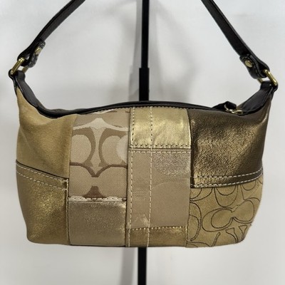 Vintage Coach Small Gold Tone / Beige Patchwork Shoulder Bag Purse
