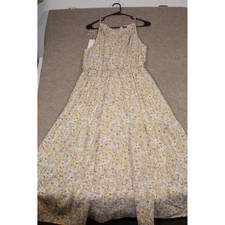 By the River Floral Maxi Dress Large Cream Yellow Lavender Tiered Sleeveless NEW