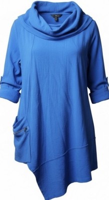 Ali Miles Crinkle Tunic Top Blouse Asymmetrical Hem; Cowl Neck;Blue; Medium; NWT