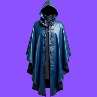 Luxurious Blue Leather Hooded Cloak- Modern Gothic Style Cloak
