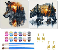 2 Pack Paint by Number for Adults Beginner, Bear Painting by Number Kit, Wolf Ea