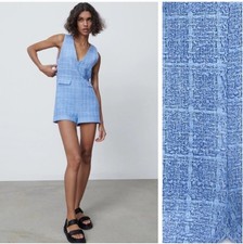ZARA Blue Tweed Textured Romper Jumpsuit Sleeveless V-Neck Zip Back Medium NWT
