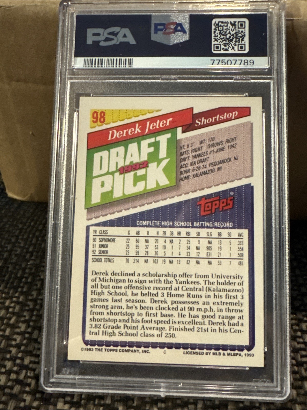 1993 Topps Derek Jeter #98 PSA 9 MINT Iconic Rookie RC HOF NY Yankees MINT view 4