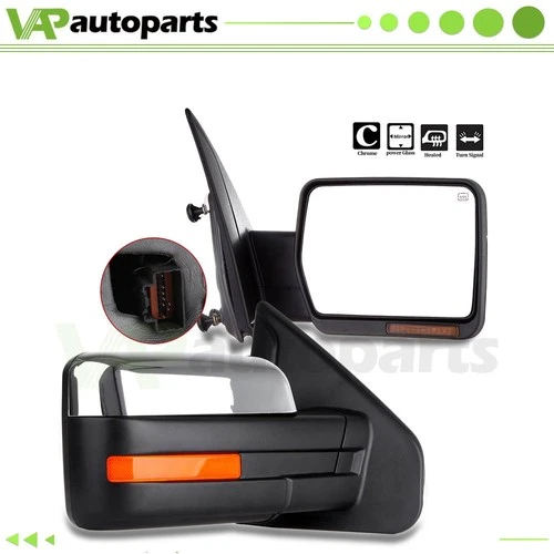 Chrome For 2004-14 Ford F-150 Power+Heated LED Puddle Signals Side Mirrors Pair