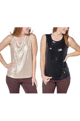 G by Giuliana Women's 2pck Tank with Sequin Front Black/Champagne