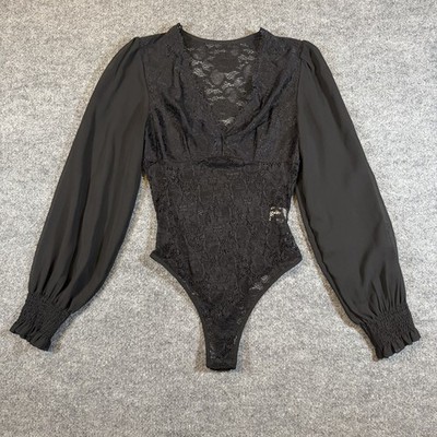 Kix'ies Black Lace Bodysuit Sheer Long Sleeve V-Neck Romantic Goth Stretch Top M