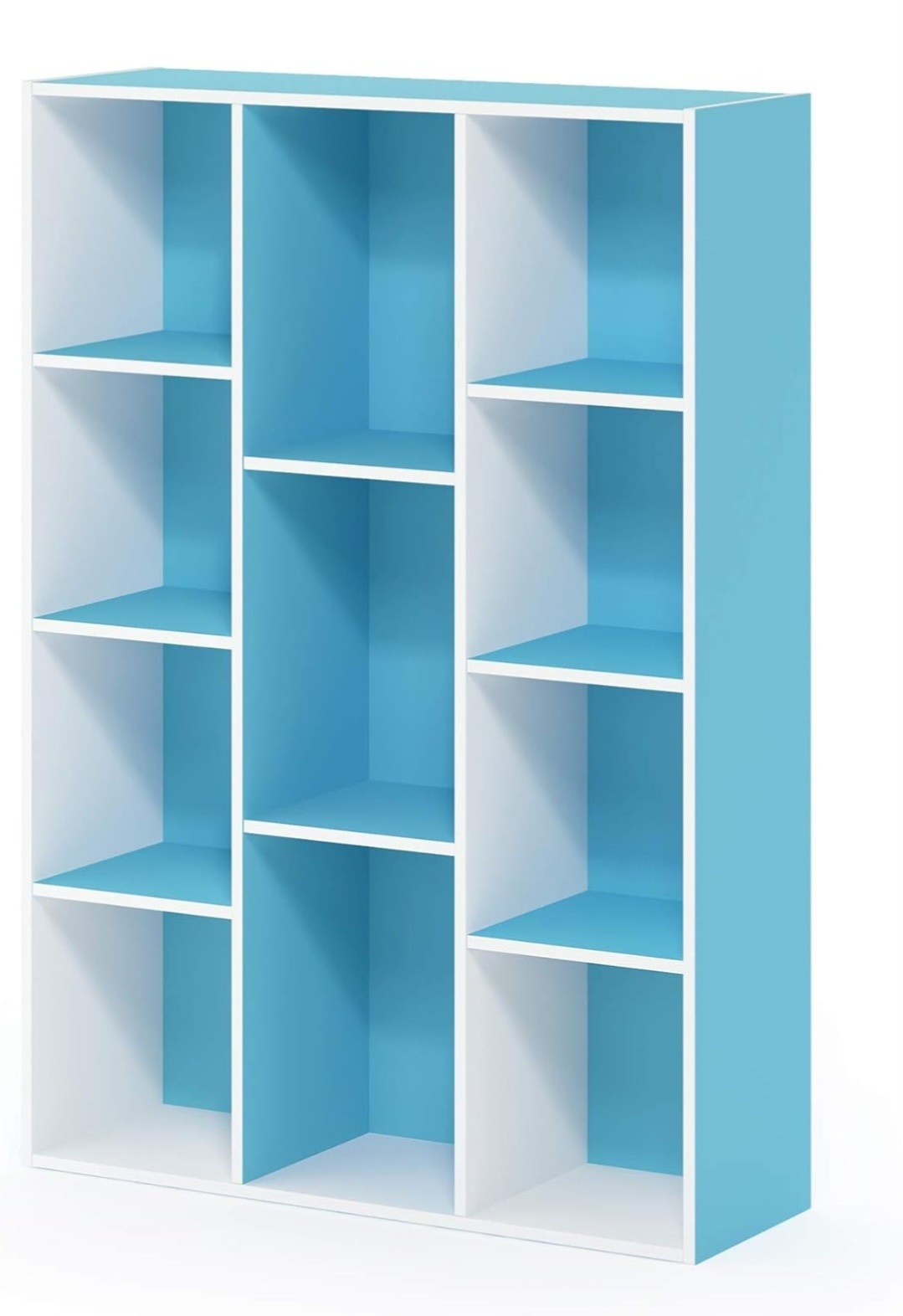 Furinno Luder 11-Cube Reversible Open Shelf Bookcase in White/Light Blue.
