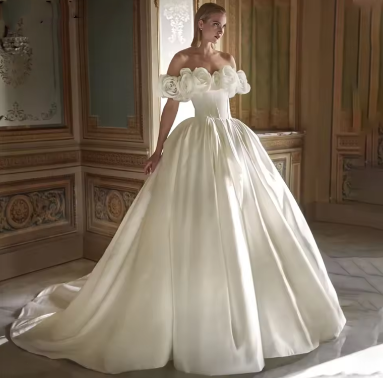 Modern Satin Wedding Dresses for Women Bridal 3D Flowers Off the Shoulder Button | eBay Modern Satin Wedding Dresses for Women Bridal 3D Flowers Off the Shoulder Button | eBay