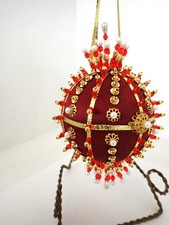 Vintage Sequin Push Pin Satin Ball Christmas Ornament Red Gold Pearl