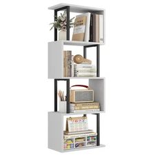 4-Tier Bookshelf, Narrow S-Shaped Geometric Bookcase, Wood Decorative Storage...