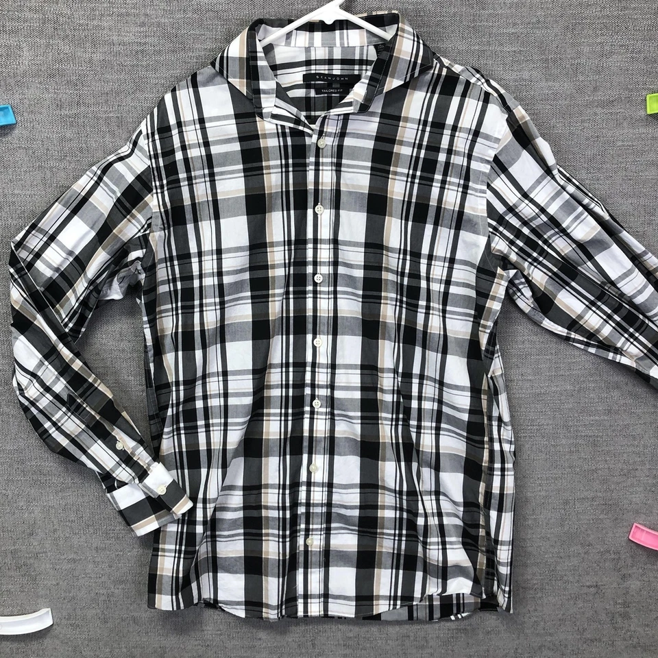 Sean John Shirt Mens 16 34/35 Black Gray White Plaid Button Down Tailored Fit - Image 2 of 4
