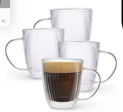Jayour Fluted Double Wall Glass Coffee Mugs 15 Oz Latte And Cappuccino Set Of 4 