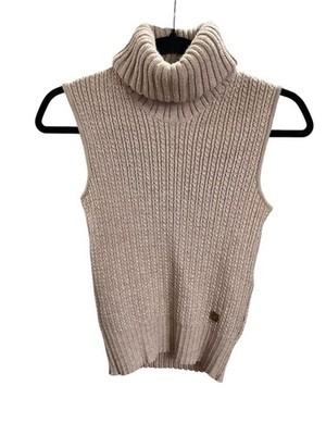 USED CHANEL PINK BEIGE COCO MARK GLITTER KNIT SLEEVELESS HIGH NECK GOOD