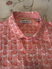 Tommy Bahama Men s XL Coral Orange Pineapple Seersucker Shirt Cotton Lyocell