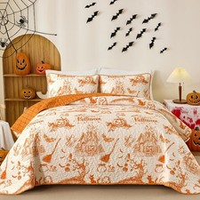 Reversible Holiday Quilt Set Halloween Thanksgiving Polyester Coverlet Farmhouse