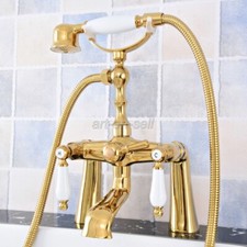 Gold Color Brass Deck Mount Clawfoot Bath Tub Faucet Set Handheld Shower atf783