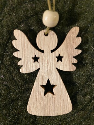 Wooden Angel w Star Cut in Dress & Wings Natural, Laser-Cut $20=Free Shp