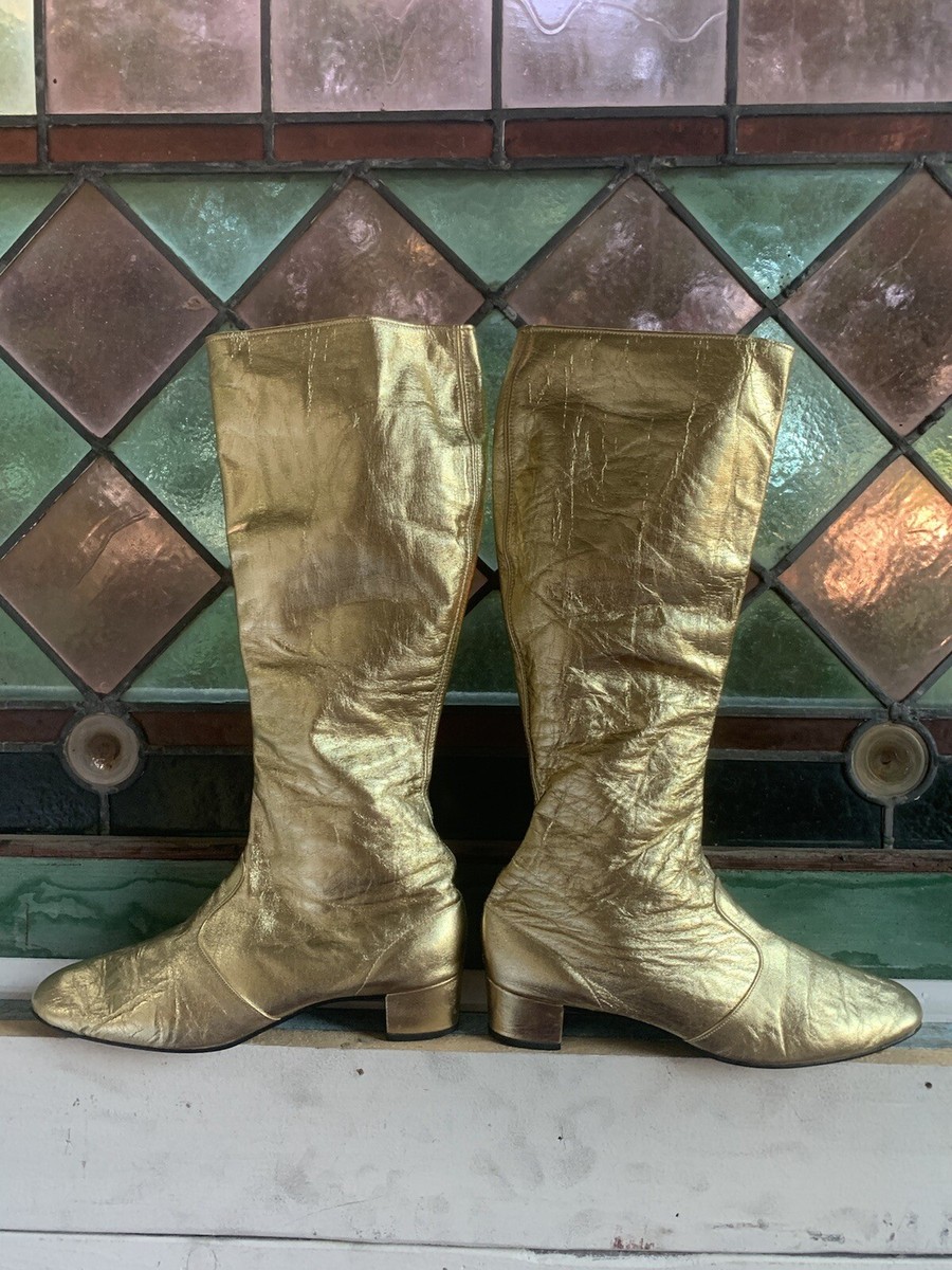 1960s Gold Leather Size 1/2 Knee High Vintage 60s Mod Retro Go