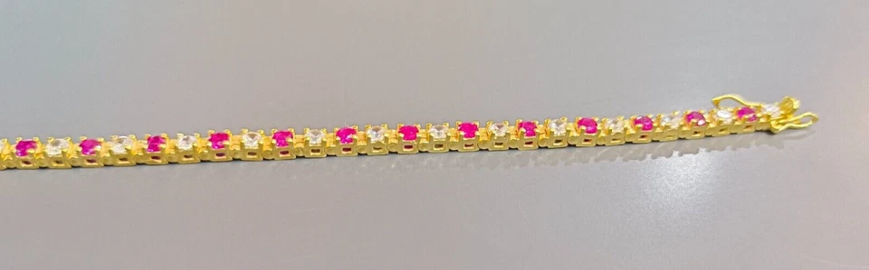 12 Ct Runde Simulierte Saphir Diamant 14k Gelb Vergoldetes Tennisarmband - Bild 4 von 4