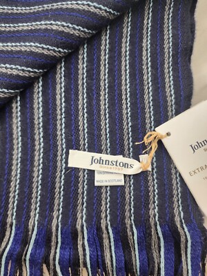 Johnston's Extra Fine Merino Wool Men's Scarf New W/Tag Reversible Blk Blue Gray