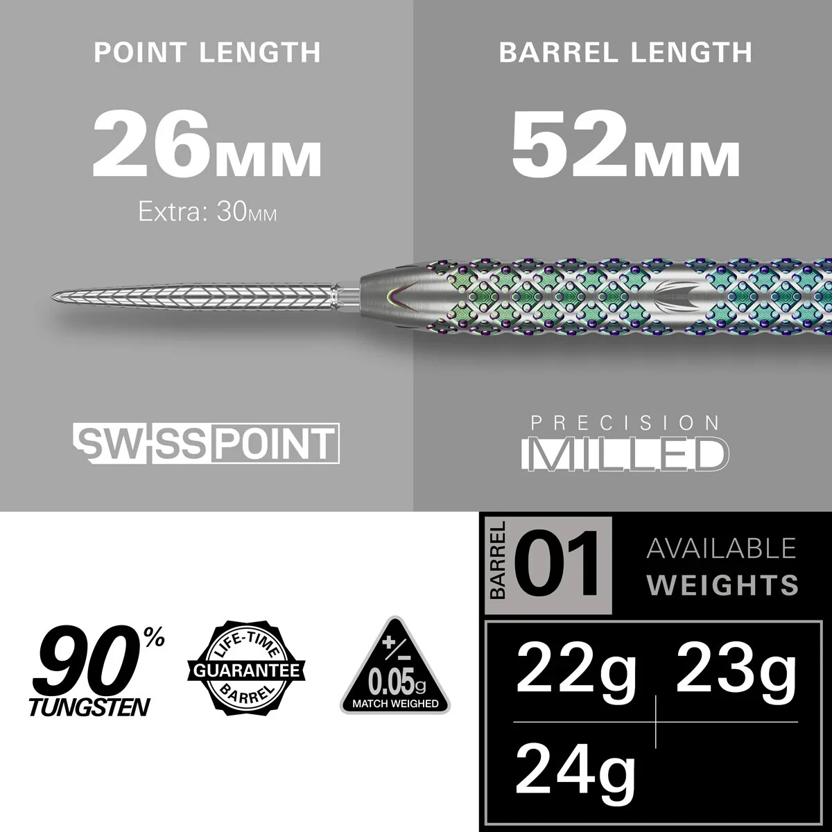 23 GRAM TARGET ROVE 01 90% TUNGSTEN STEEL TIP DARTS WITH SWISS