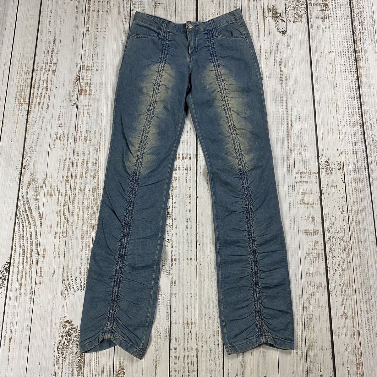 ウェア vintage uni form Brazil y2k VINTAGE Y2K YES, BRAZIL JEANS RUFFLE PLEAT FLARE DISTRESSED