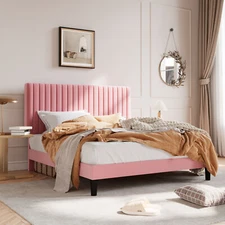 Full/Queen/King Upholstered Platform Bed Frame Adjustable Headboard, Pink