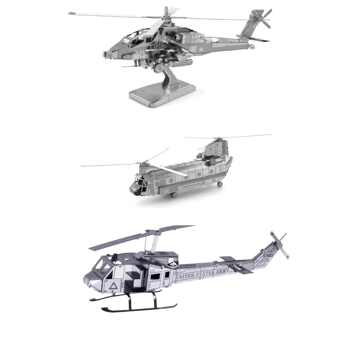 Set of 3 Metal Earth Helicopter Model Kits AH-64 Apache CH-47