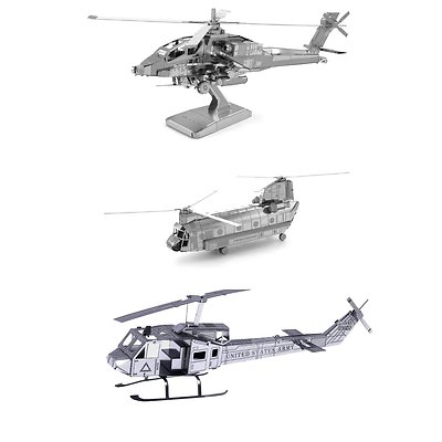 Set of 3 Metal Earth Helicopter Model Kits AH-64 Apache CH-47