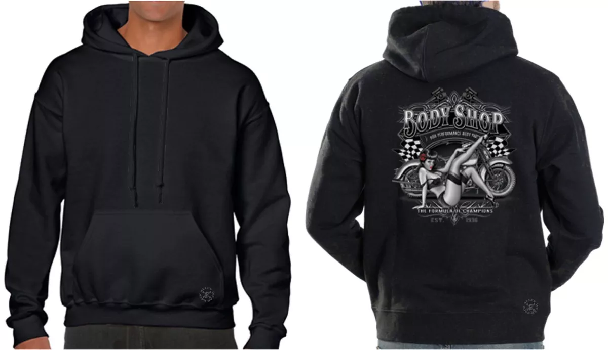 BODY SHOP PINUP Hooded Sweat Shirt Biker Hoodie Sexy Pin Up Girl Motorcycle