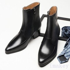 Mens Pointed Toe Real Leather Mid Heel Ankle Short White Formal Chelsea Boots