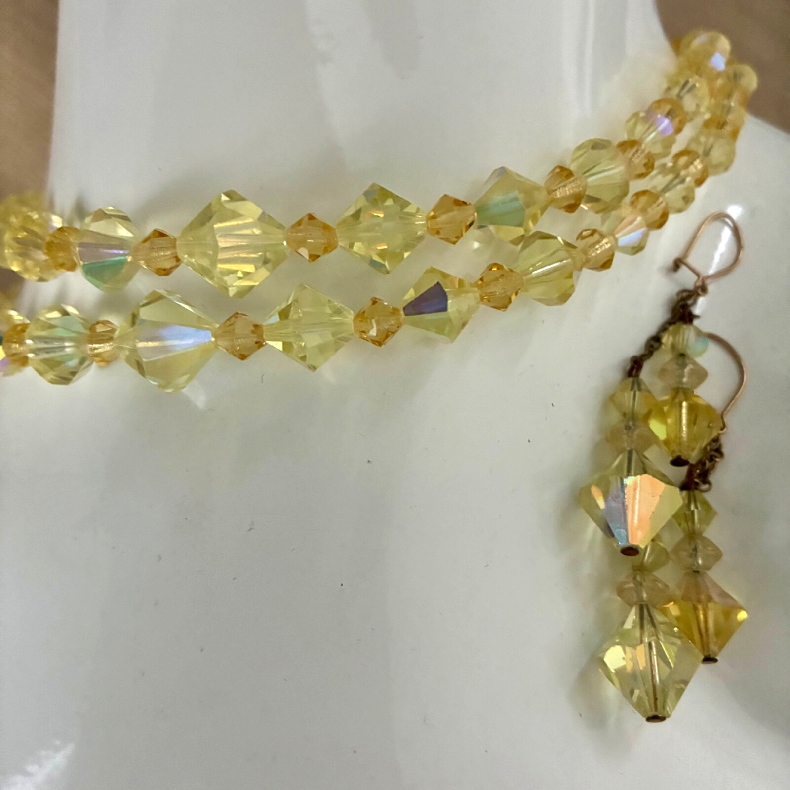 Vintage Yellow Aurora Borealis Crystal Necklace and Dangle Earrings Set