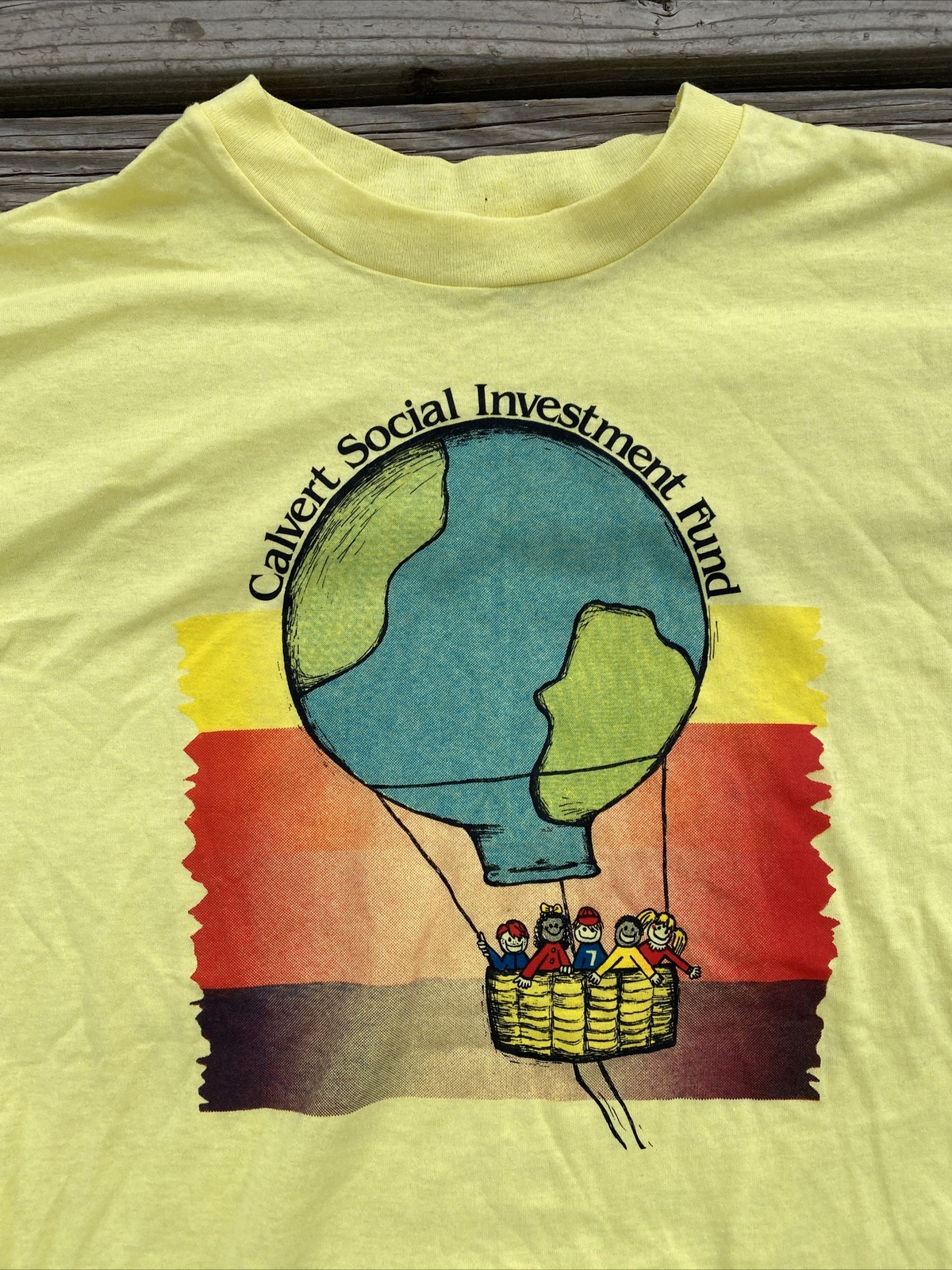 VTG 80s Pale Yellow T Shirt M/L Calvert Social Investment Fund Thin